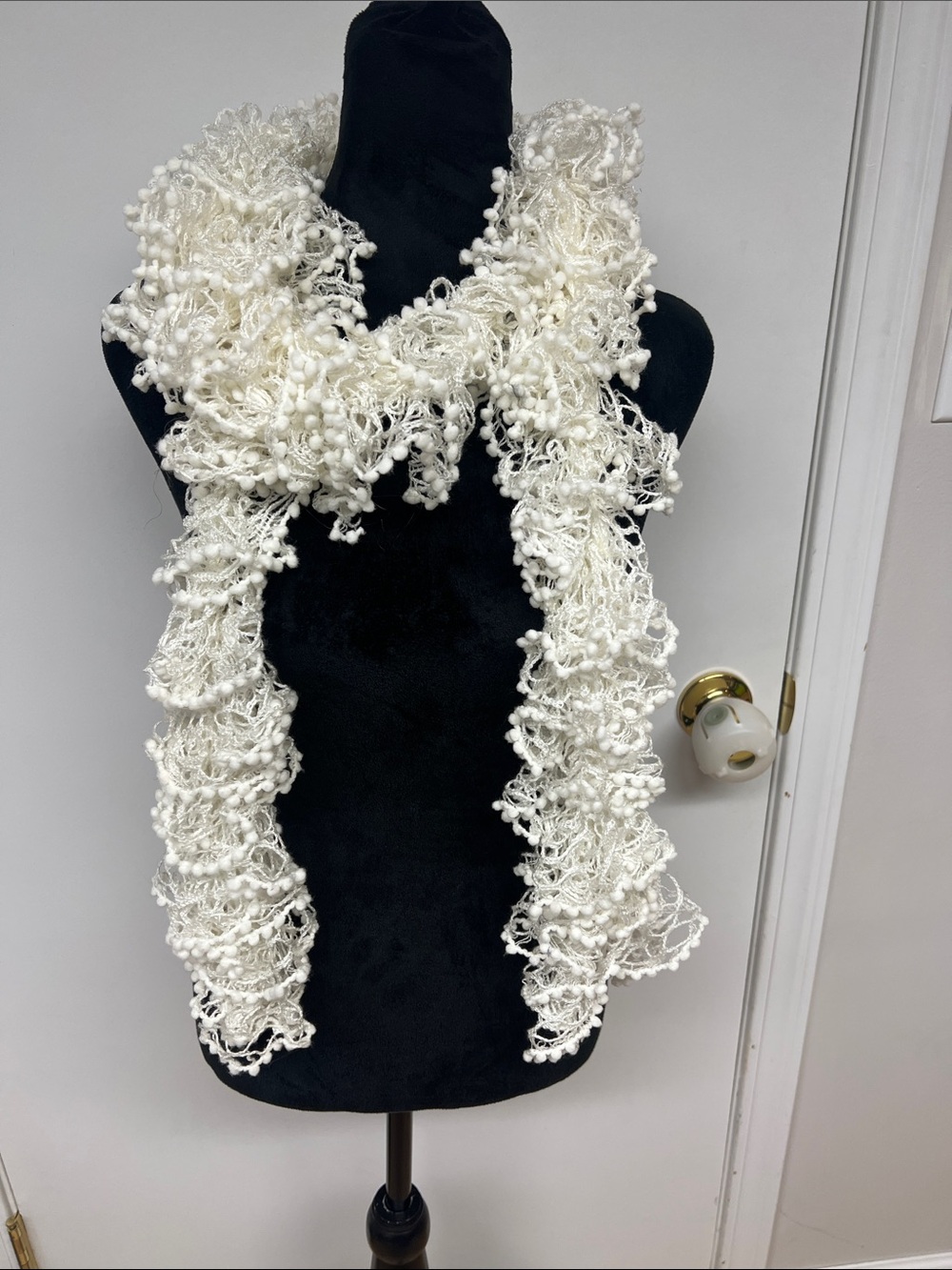 Source Unknown Cream Ruffle Knit Scarf with Pom Detail